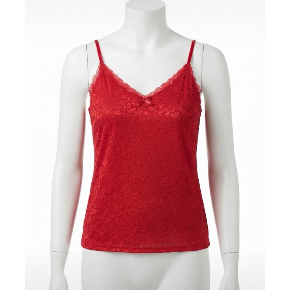 George Red Satin Jacquard Rose Lace Trim Cami Top M Sleepwear Coquette Valentine